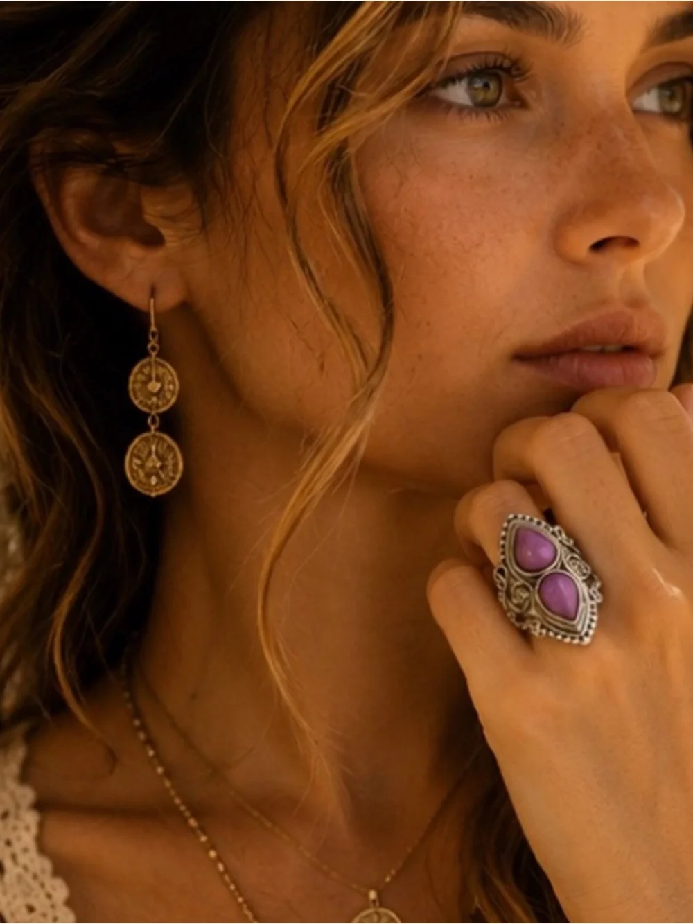 Silver Purple Stone Teardrop Statement Ring